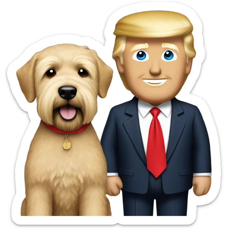 President Donald trump with a wheaten terrier wearing a red bandana sticker