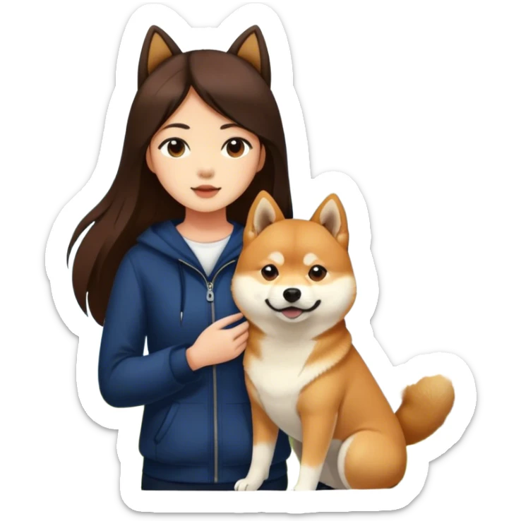 Really girl long dark brown hair with shiba inu outdoors sticker