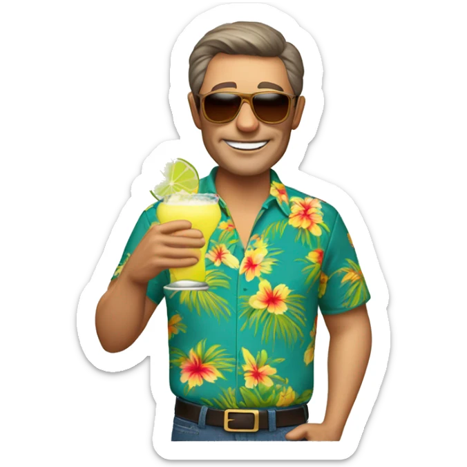 Man in his 50’s with short brown hair wearing a Hawaiian shirt, wearing sunglasses and drinking a margarita sticker