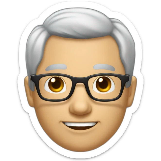 an man with a small amount of grey hair cut short, and a very receding hairline, and a tuft of hair on the top. He is wearing glasses, the glasses frames are black and he is smiling sticker