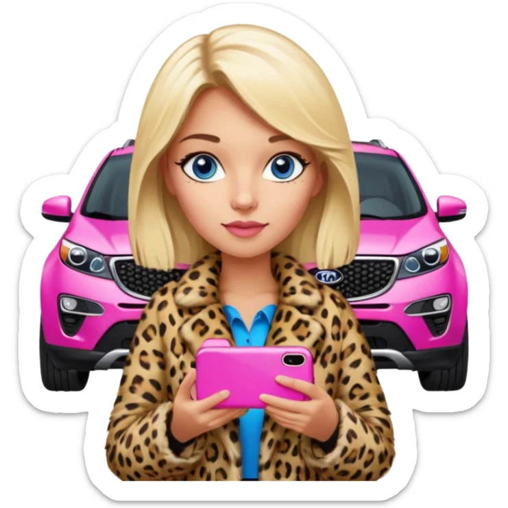 a blondie queen Arina in a leopard fur and pink iPhone on her kia Sportage white car. blue eyes sticker