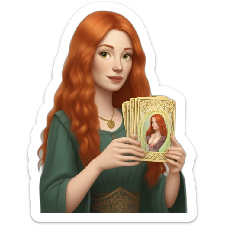redhead white woman medium long straight hair, holding a tarot card in her hand sticker