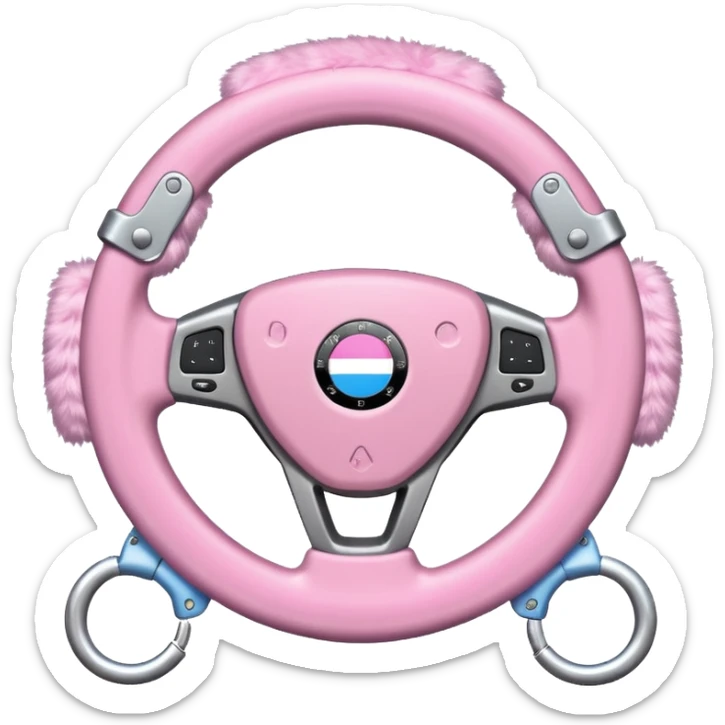 steering wheel with transgender pride flag colors and strifes , with fluffy pink handcuffs sticker