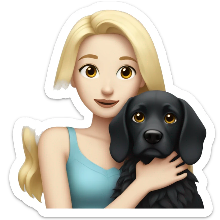 pretty woman with pale skin, very long blonde hair hugging a black dog sticker