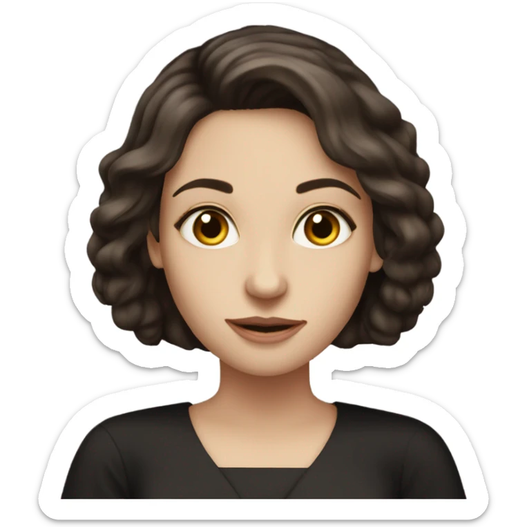 Beautiful skinny white woman long dark brown hair in dark dress with book sticker