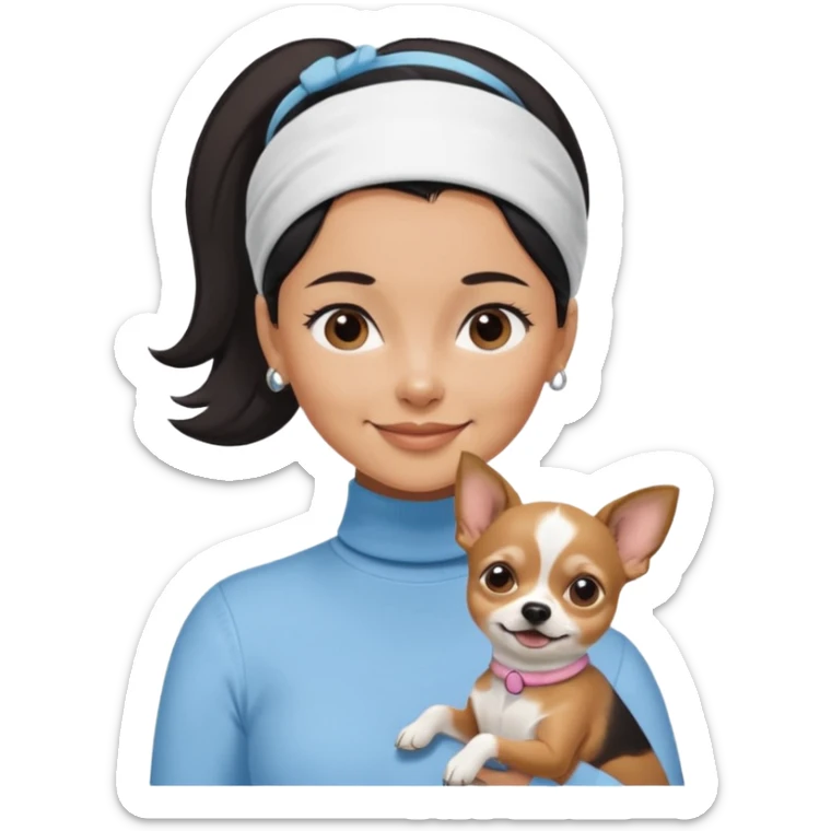 tan skin woman, with short black hair in a slicked back ponytail with forehead showing, with white headband, wearing solid pastel blue turtleneck shirt, smiling carrying dark brown-white long-haired chihuahua dog sticker