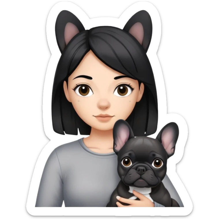 A girl with black hair with two grey strings of highlights carry a black frenchie  sticker