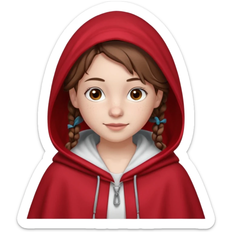 A 12-year-old girl, with fair skin, freckles, and a warming smile that shows her pale pink lips. She has big brown eyes and normal eyebrows. Her brown hair is styled in French braids that reach her breasts. She wears a bright red hooded cloak with the hood drawn over a pretty white tank top. sticker