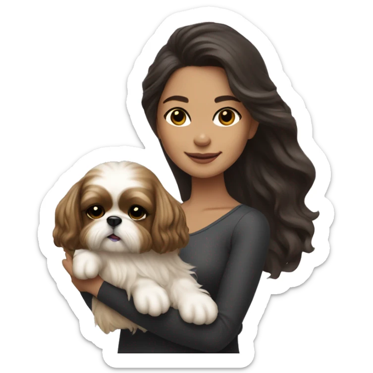 Young dark brunette medium kin hair woman with a golden shih tzu in her arms long wavy hair sticker