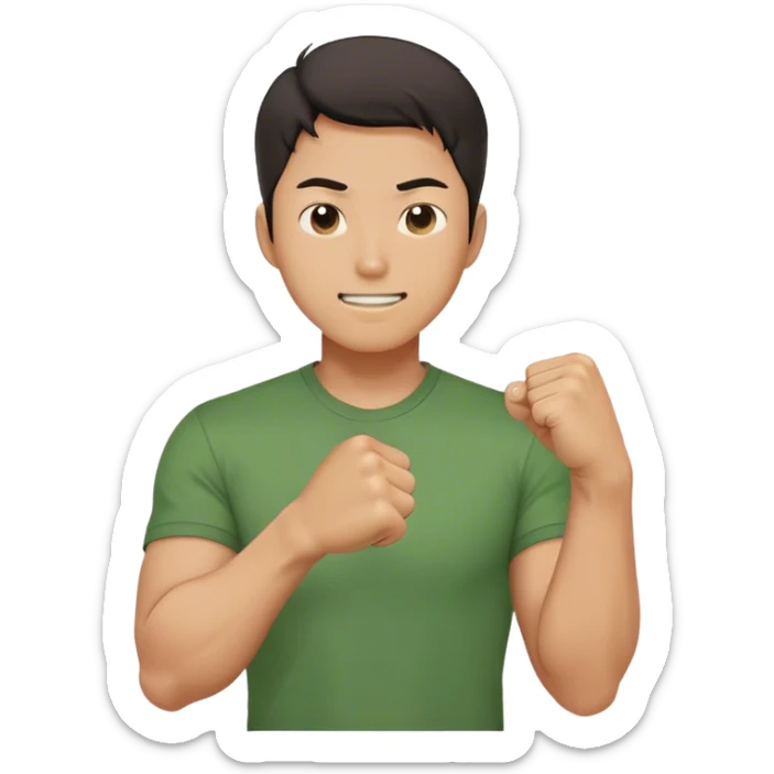 A determined Korean man in a green shirt, clenching his fist with a confident & smile expression. Emoji-style digital illustration sticker