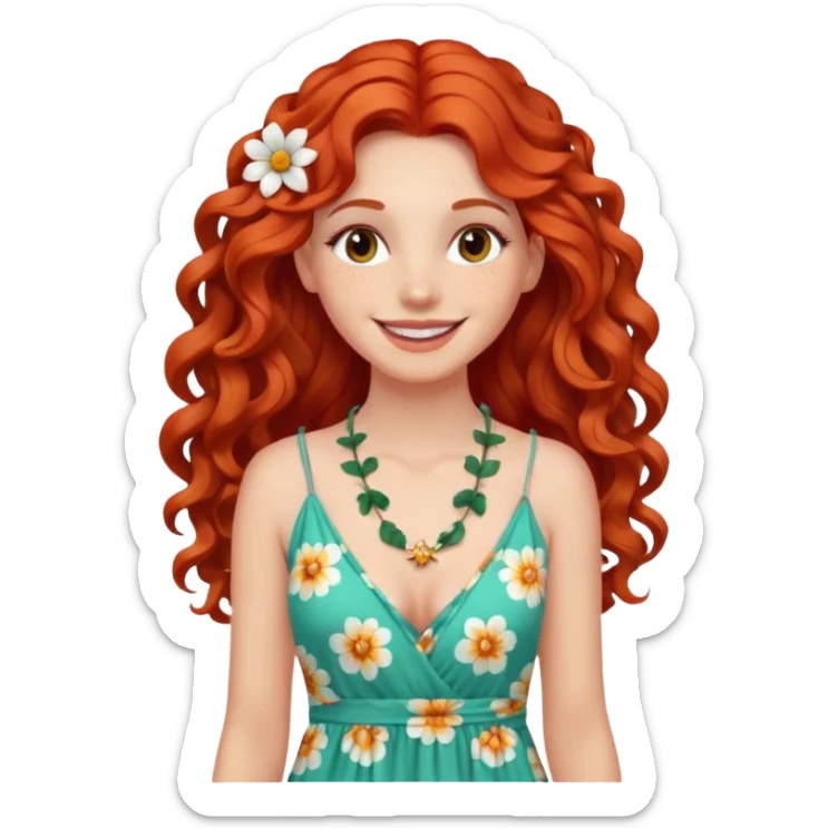 white girl with long curly red hair, wearing a maxi dress, flower necklace, bright smile sticker