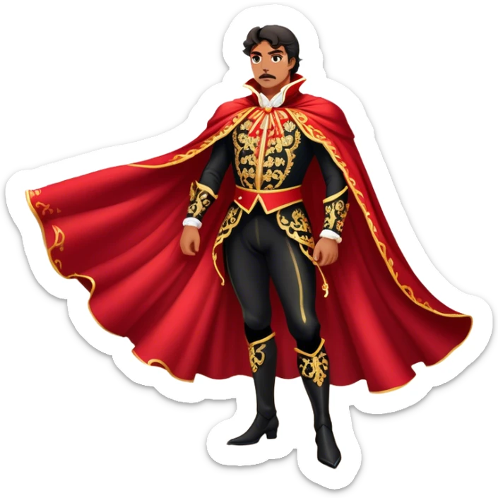 Spanish Matador – Cinematic Realistic Spanish Matador, portrayed in an ornate traje de luces with a flowing red cape, standing poised in a classic bullring with swirling dust and dramatic light, his intense expression and elegant stance capturing both bravery and artistry. sticker