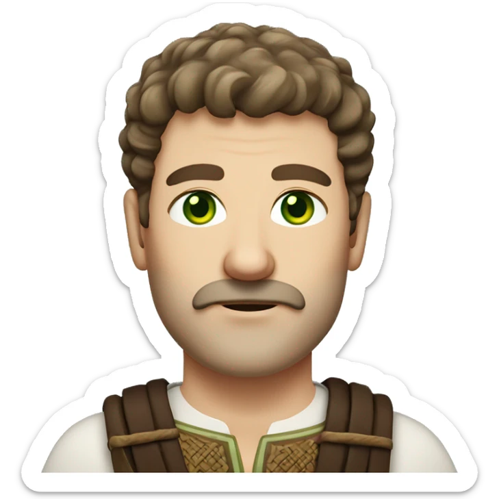 anglo saxon man, 80-20 brown hair part and stubble with moustache, green eyes sticker