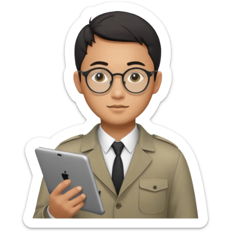 a asia man guy his 20s wearing an apple notebook, wearing bodyguard radio operator, round glasses, achromatic clothes sticker