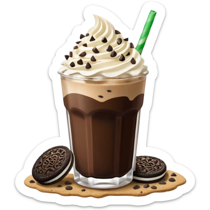 Vaso de vidrio con Frappé color café, crema en la parte superior con popote verde insertado en la crema, agregar encima de la crema chispas de chocolate. Colocar arriba de la crema insertada una galleta tipo oreo. sticker