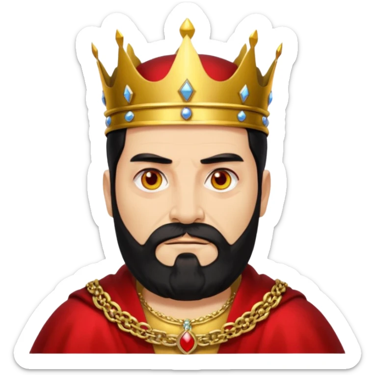 


an old king with yellow skin, red eyes, 60 years old, black hair, black beard, wearing a crown, red robe, fierce face, baron/lord vibe
 sticker