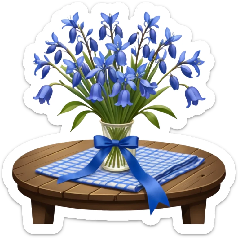 A lush bouquet of bright blue color bluebell black satin ribbon, resting on an antique wooden table, with a pale yellow and pink plaid pattern table cloth sticker