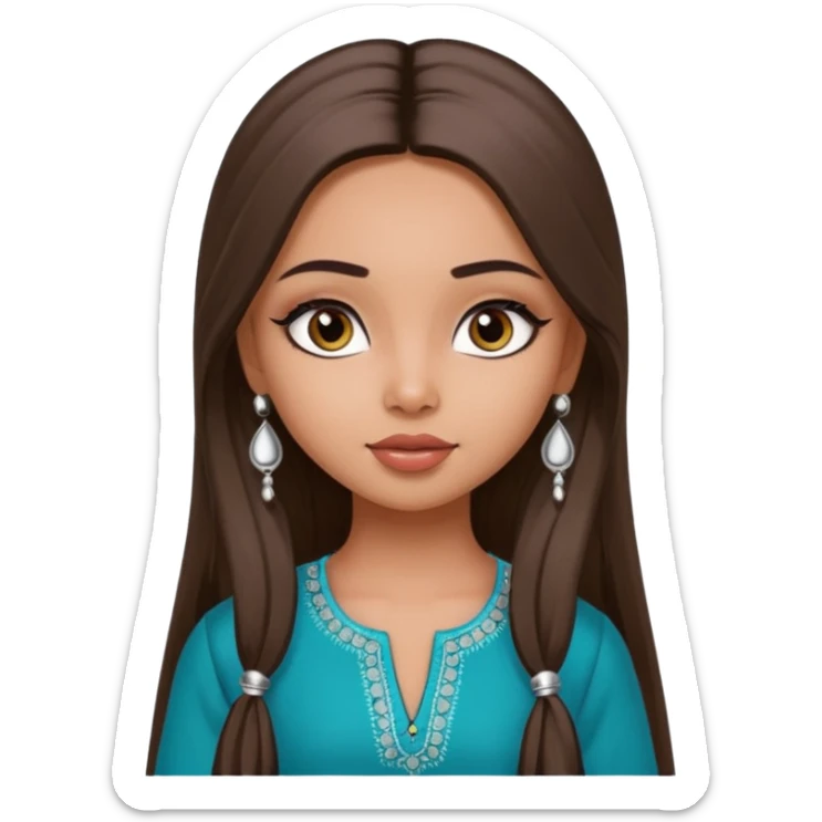 generate a pretty bratz girl wearing a kurti, eyeliner on, long straight hair, silver jhumkas in ear sticker