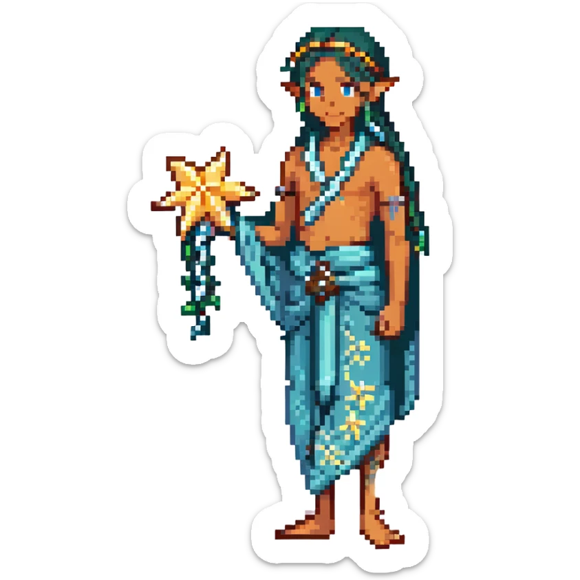 elf male Sarong with bioluminescent embroidery, armful of starfish, hair in a braid with pearl pins sticker
