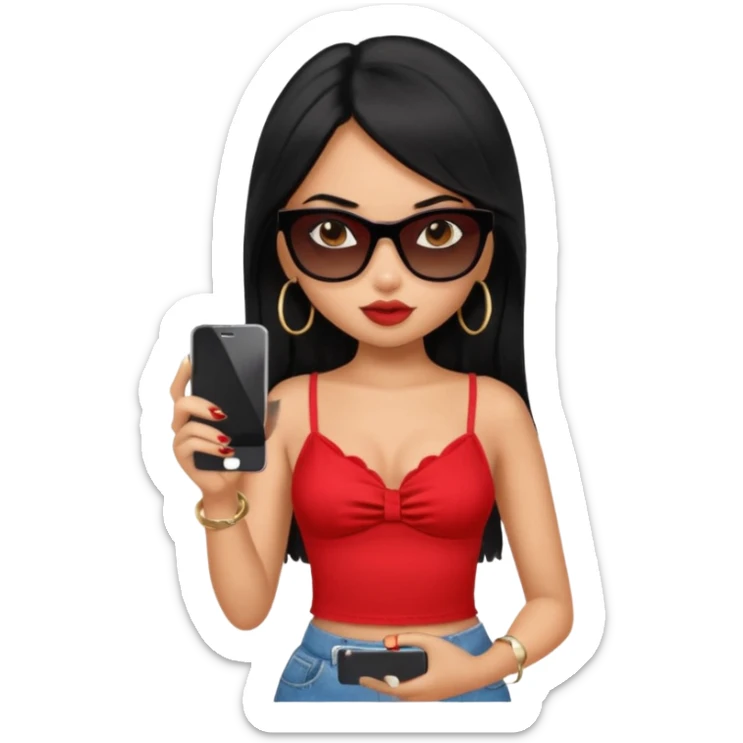 generate a pretty bratz girl with black hair, black sunglasses and a phone, red cami top sticker