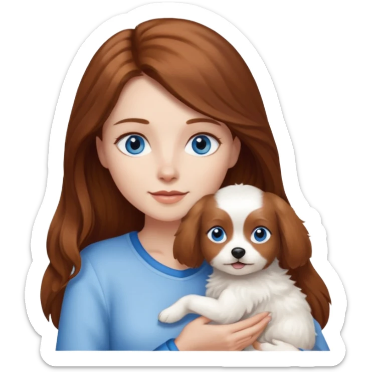 long hair chestnut color blue eyes woman holding small white dog sticker