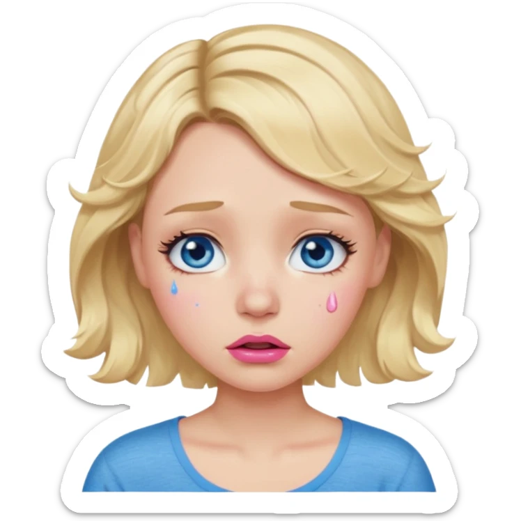 Girl Blonde short wavy hair,  blue eyes, cute blue top, long lashes, pink lips,crying with big tears running down the face  sticker