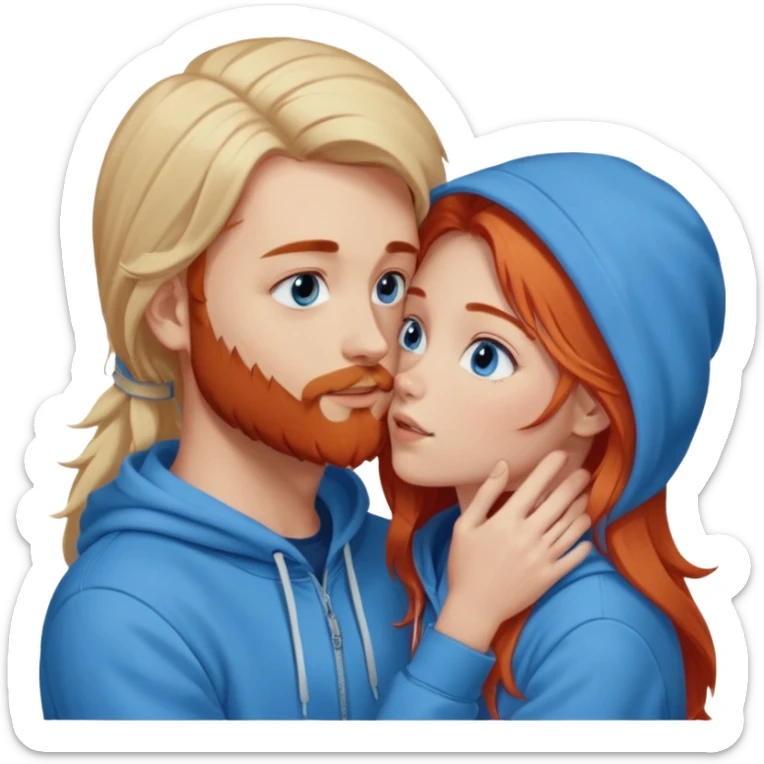 Long-pale-blonde hair, beautiful girl with blue eyes-wearing a light blue hoodie, facing, kissing reddish-brownish hair and beard boy blue eyed white guy in a dark blue hoodie sticker
