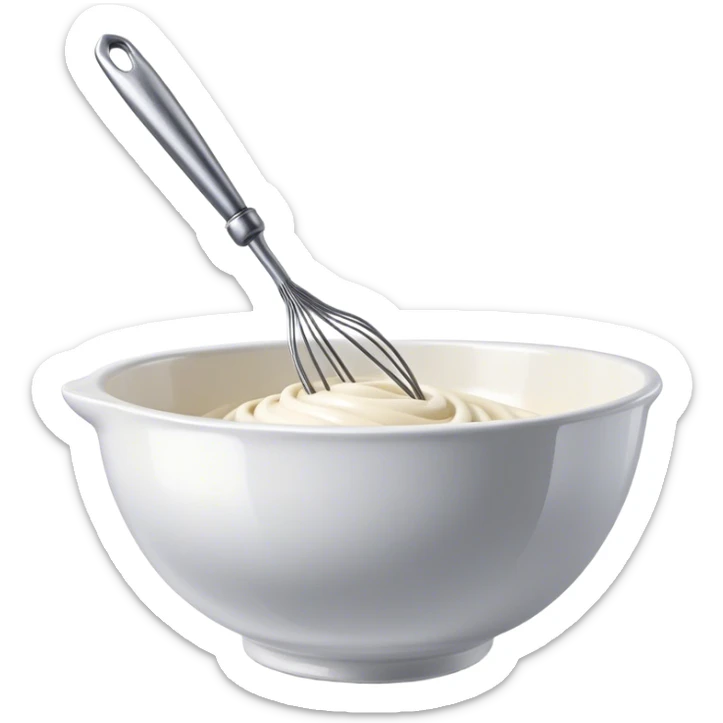 Cinematic Realistic Whisk & Mixing Bowl, a well-used metal whisk resting in a smooth ceramic mixing bowl, light reflecting off the whisk’s polished surface, subtle smears of batter along the rim, glowing with a sense of warmth and creativity. sticker