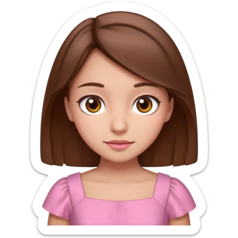 Girl with brown hair, brown eyes with a pink dress sticker