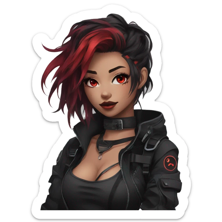 Gorgeous dark techwear anime style lady with blushing face aesthetic and pretty edgy black red punk messy hair with collar and harness trending style sticker