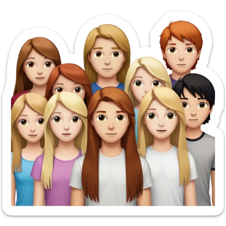 A group of teenagers with 3 girls and 3 boys:
a girl with long, straight, brown hair, another with long, slightly wavy, blonde hair and the third with long, straight, blonde and brown hair
for boys, you need a redhead with forward hair, a blonde with forward hair and another with black hair to the side sticker