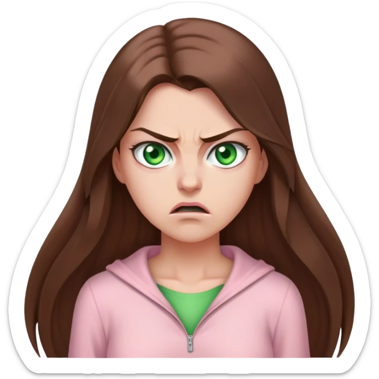 pretty woman with very long brown hair and green eyes and light pink outfit angry sticker