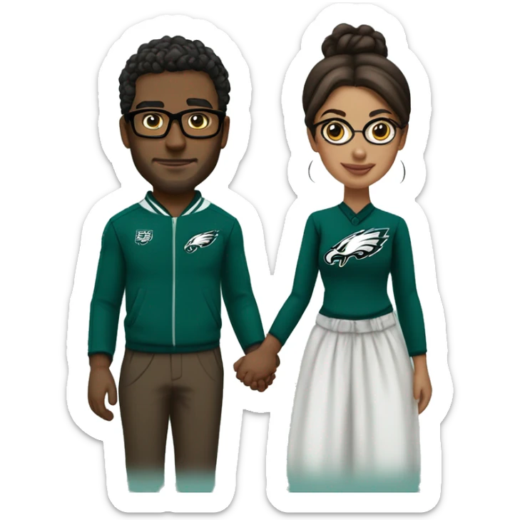 Brown guy and brown girl with glasses and hair in a bun in Philadelphia eagles clothes holding hands sticker