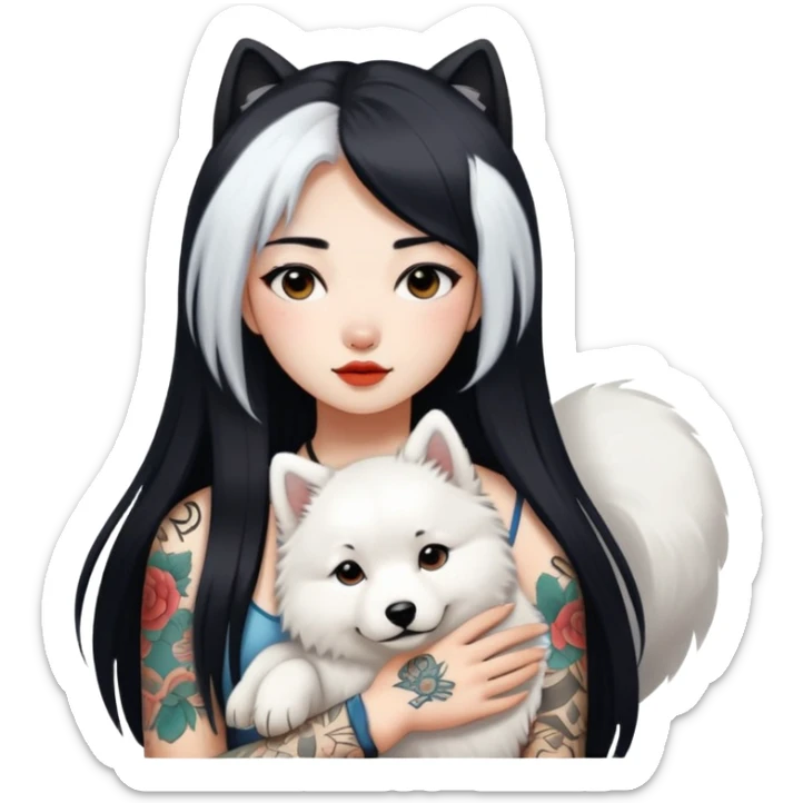 a Chinese girl with long black  straight hair and tattoos and a samoyed sticker