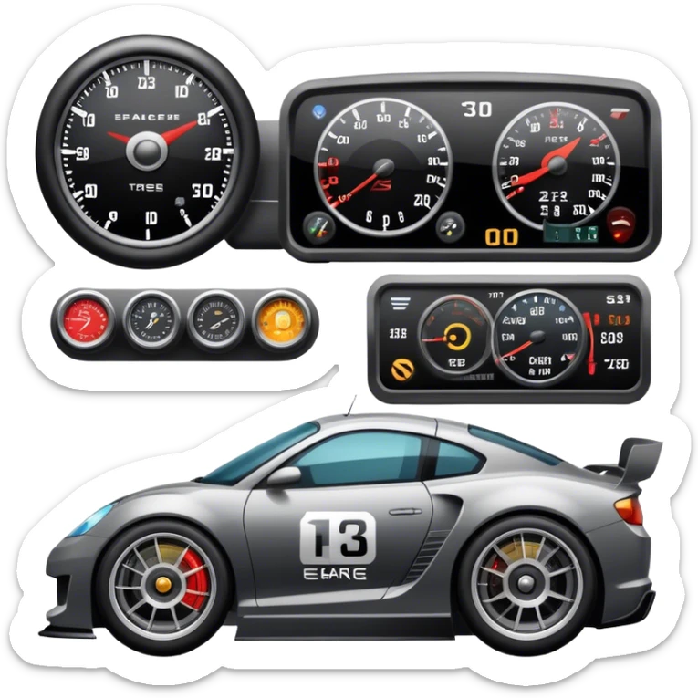 An icon showing a racing game interface, inspired by Grand Turismo. The design features a garage with a selection of high-performance cars, along with race track visuals in the background. Speedometer, lap timer, and other HUD elements add to the excitement. Transparent background sticker