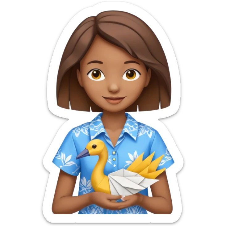 happy-african-young-girl-with-brown-hair-in-a-white-colorful-vintage-kanga-shirt-holds-an-origami-yellow-and-blue-crane sticker