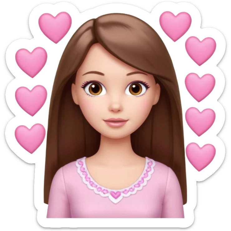 Barbie girl and  makeup , brown straight hair and brown eyes is In pale pink clothes There are pink hearts all around sticker