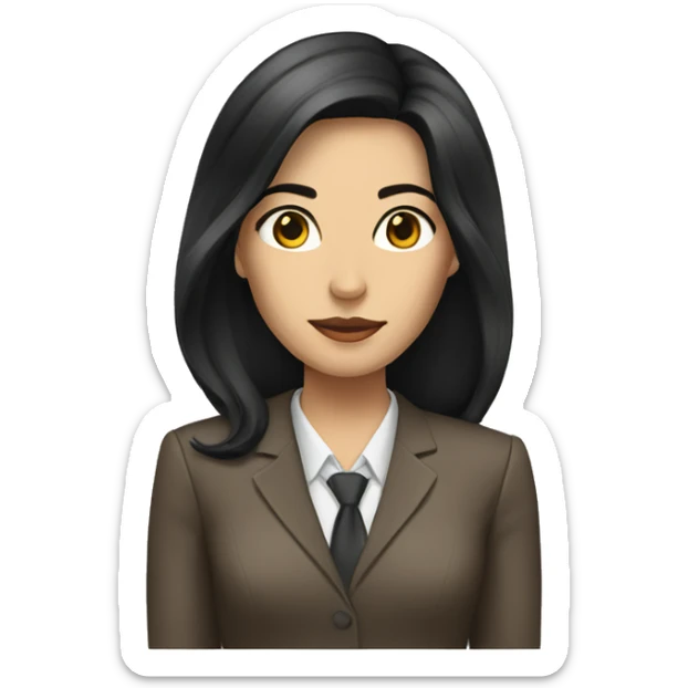Female defense attorney with long black hair with brown suit sticker