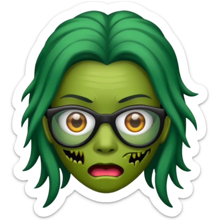 crie um emoji de zumbi feminino, com pele verde, óculos preto e cabelo longo preto sticker