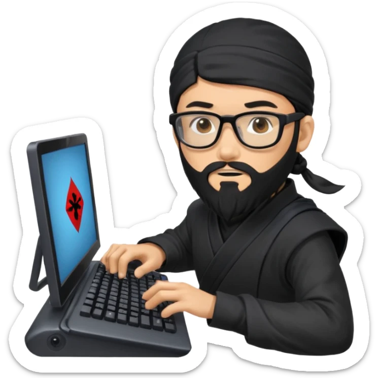 Man with black hair and beard wearing glasses in a ninja costume. Keep the top left version, make the beard longer and replace the sword on his back with a computer keyboard  sticker