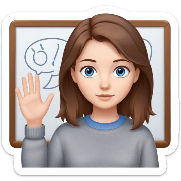 a young woman brown hair and blue eyes, with a claw clip in her hair in a cute gray sweater and presenting on a white board sticker