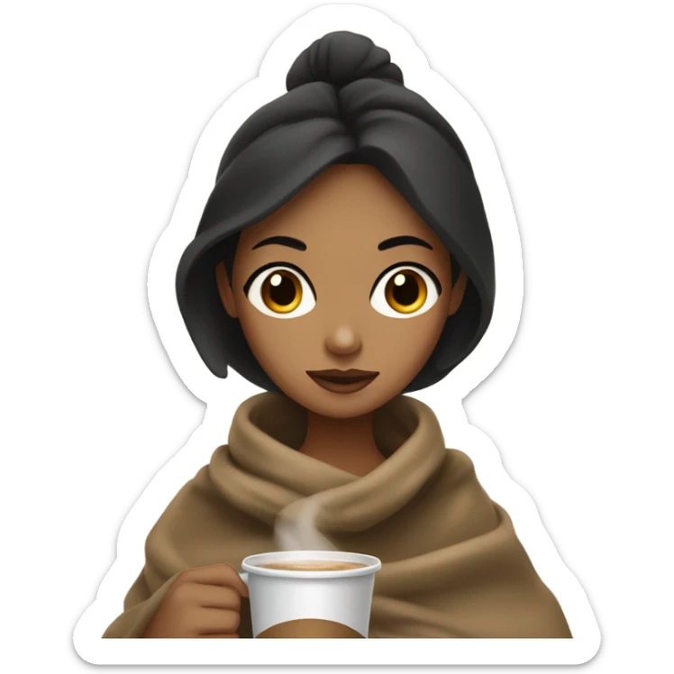 Tan girl with dark hair dark eyes drinking coffee with a blanket around her  sticker