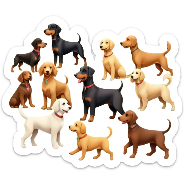 Collage of various dog breeds like Doberman, Poodle, Dachshund, and Golden Retriever, playing in a park with trees and grass. Some dogs run, others sit, all are full of energy and happiness. A joyful, colorful scene with playful expressions. Transparent background. sticker