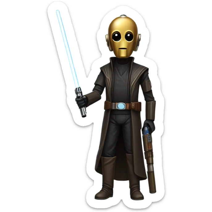 tough well-equipped jedi first order human-sized darkblue-pearl C3po as a friendly bounty hunter droid wearing a leather attire old west duster coat holding light saber ready  sticker