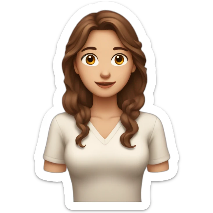brown-haired woman with long hair, brown eyes, depicting a heart with her hands sticker