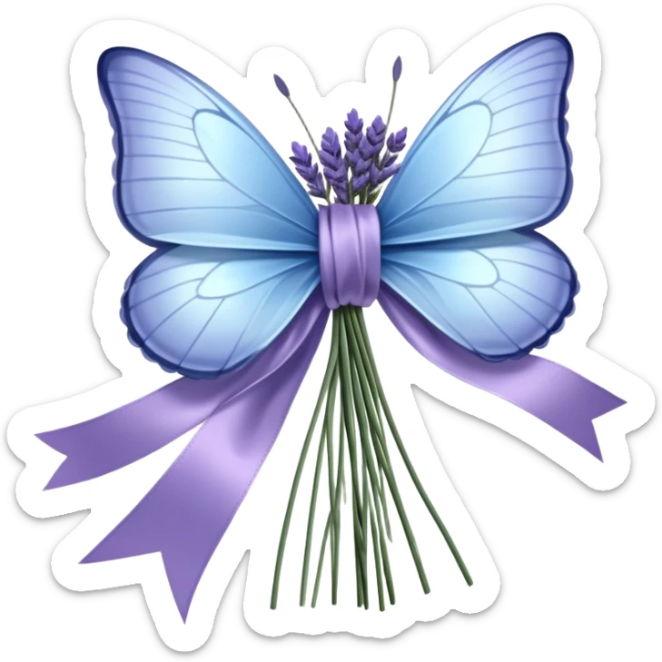 A luxurious satin bow in soft ivory is carefully tied around a bouquet of dried lavender, its delicate texture contrasting with the smooth silk. A single pale blue butterfly with translucent wings perches atop the bow, as if drawn to its quiet beauty. Another butterfly hovers nearby, casting intricate shadows over the fabric folds. sticker