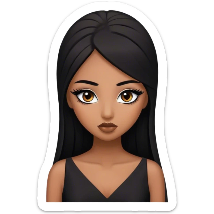 Une fille algérienne brune, yeux marrons cheveux long lisse, maigre avec une longue robe noir, faux cil et maquillée  sticker
