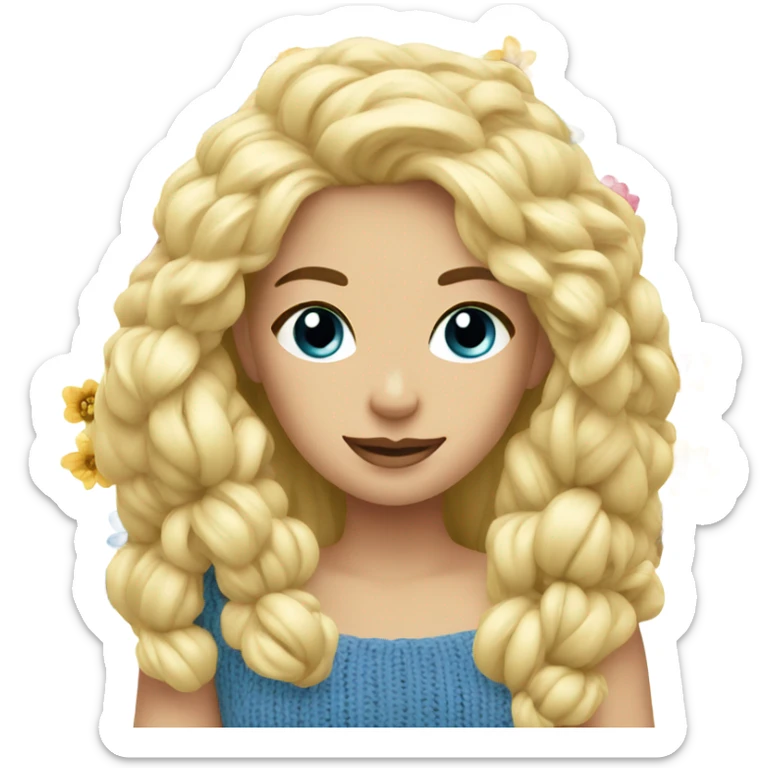 beautiful blonde woman with blue eyes knitting flowers sticker
