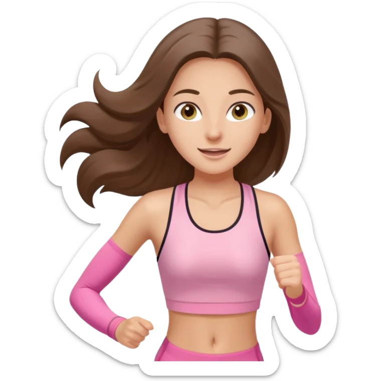 white happy brunette teen long hair with hazel eyes in light pink workout clothes jogging through race finish line sticker