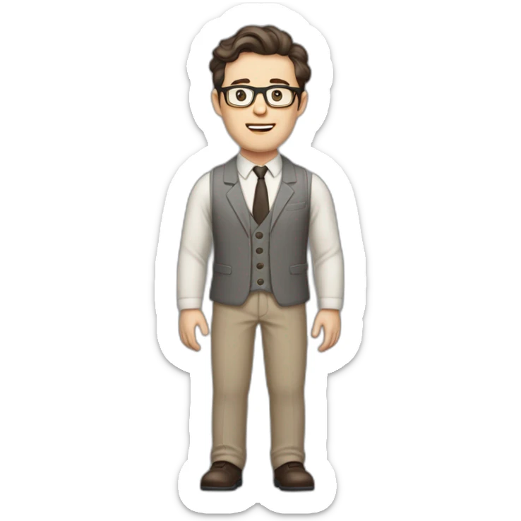 Full height Pale skinned Fit Man With dark brown hair in gray jacket, vest, tie, beige office shirt, Brown pants and vintage glasses. Thrumbs of his palms directed up sticker